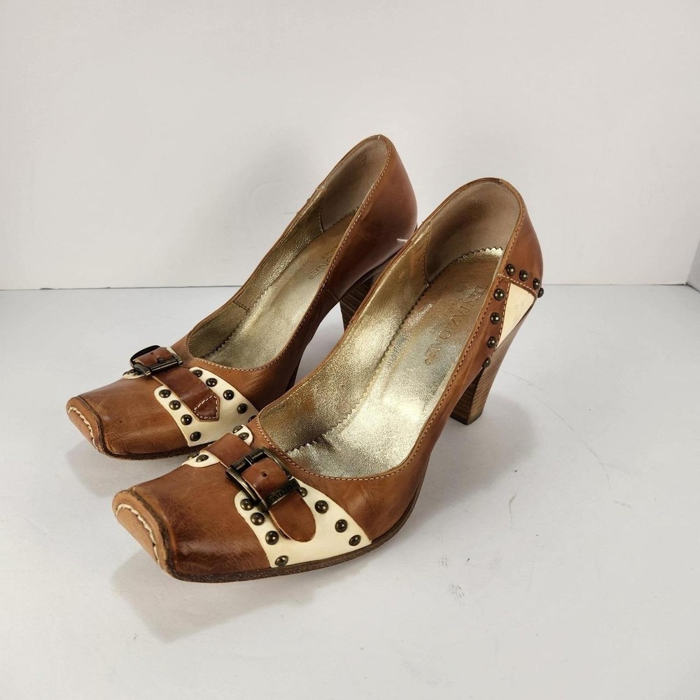Tentazione Women's Pumps Size 38.5 Brown Cream Leather Studded Buckle Heels